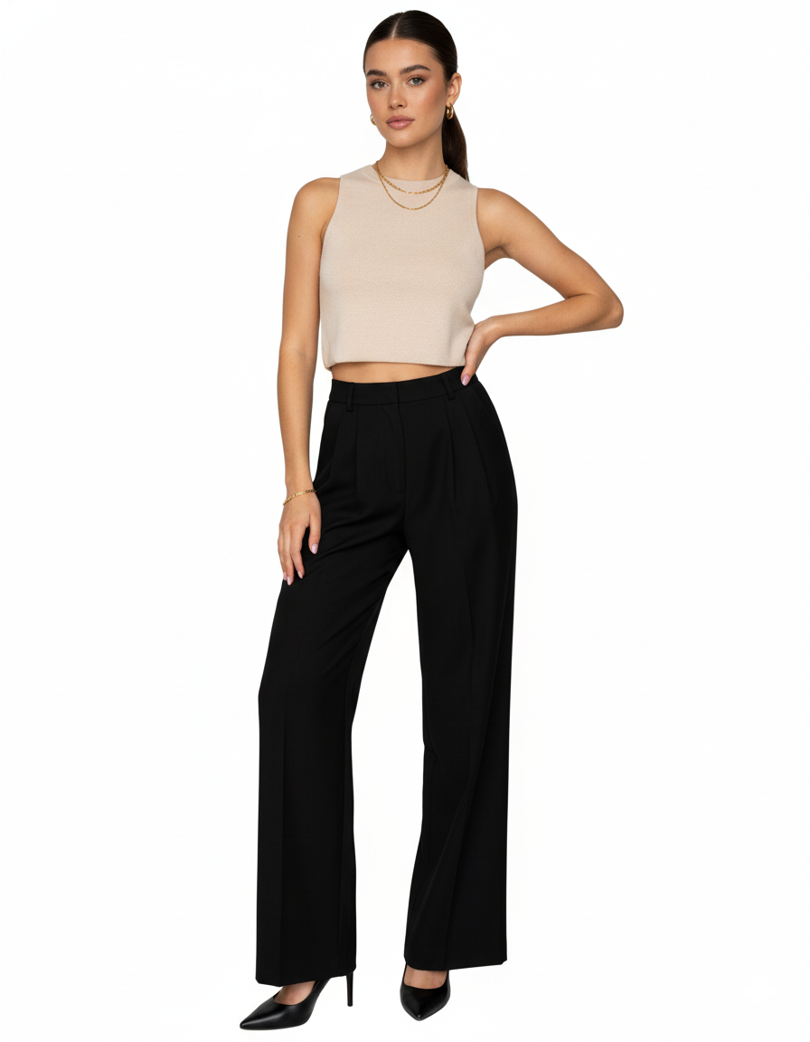 Tailored wide-leg trousers in polyester–viscose with a fluid drape - Black