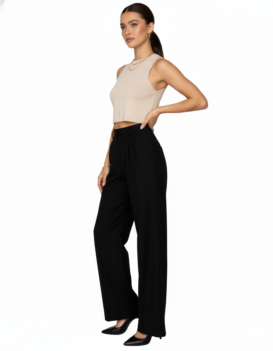 Tailored wide-leg trousers in polyester–viscose with a fluid drape - Black