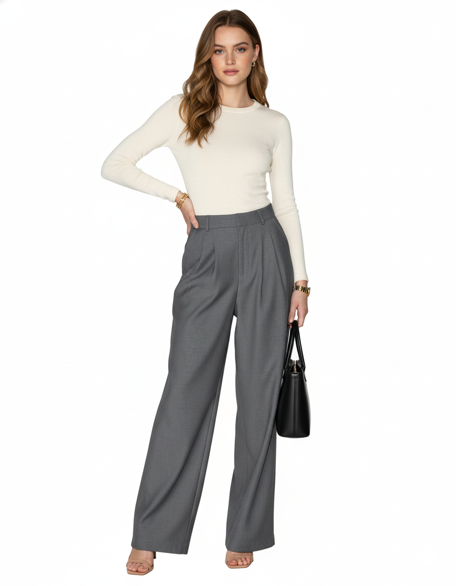 Tailored wide-leg trousers in polyester–viscose with a fluid drape - Grey